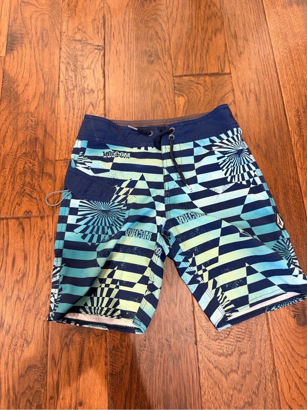 Volcom Navy and Aqua Stripe Swim Trunks